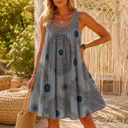 Women's Sleeveless Lace-Yoke A-Line Sundress with Sunburst Print