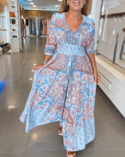 Alira Paisley Floral V-Neck Maxi Dress with Tie Waist for Women