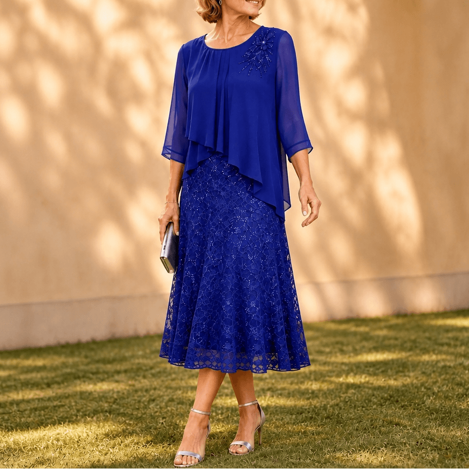 Elavine Layered Chiffon Lace Overlay Women's Midi Dress with Sheer Sleeves