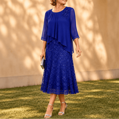 Elavine Layered Chiffon Lace Overlay Women's Midi Dress with Sheer Sleeves