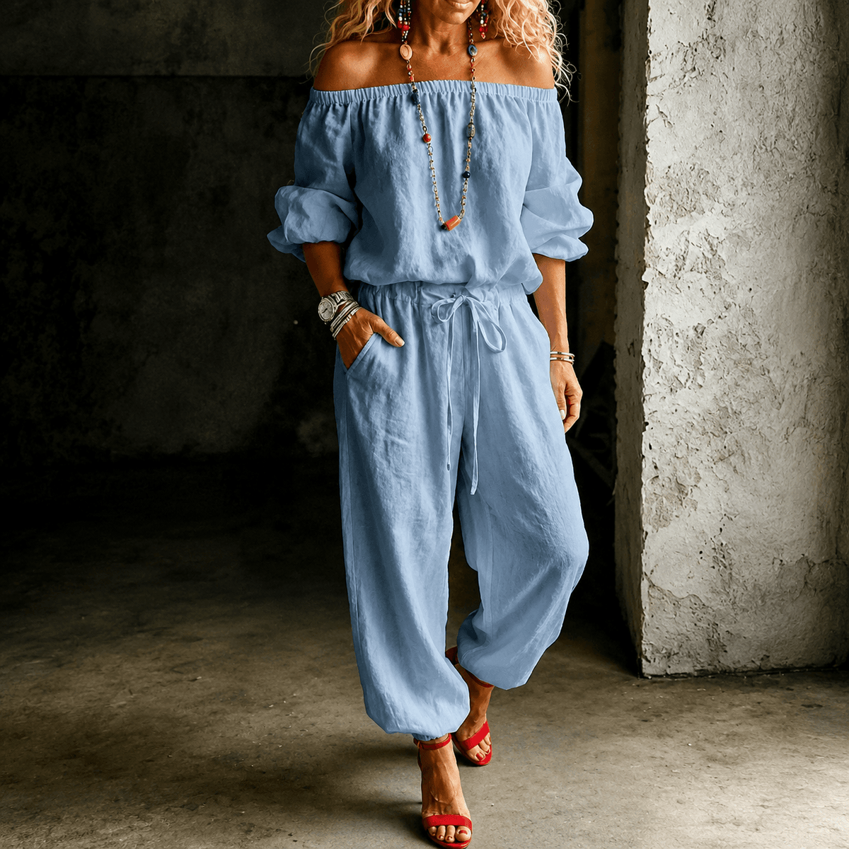 Off-Shoulder Two Piece Co Ord Set with Drawstring Waist Pants