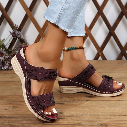 Delor Open-Toe Slide Sandals with Flower Detail and Rhinestone Wedge Sole