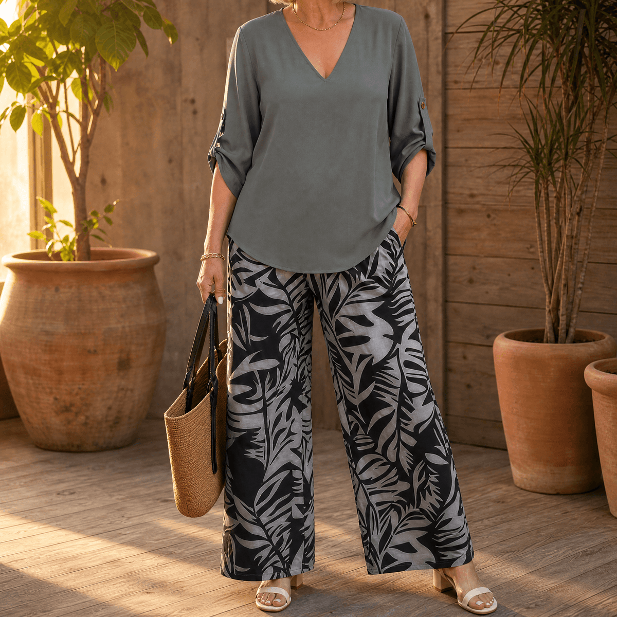 V-Neck Top and Leaf-Print Wide-Leg Two-Piece Set for Women