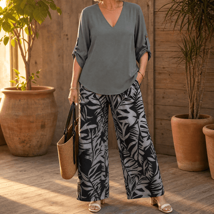 V-Neck Top and Leaf-Print Wide-Leg Two-Piece Set for Women