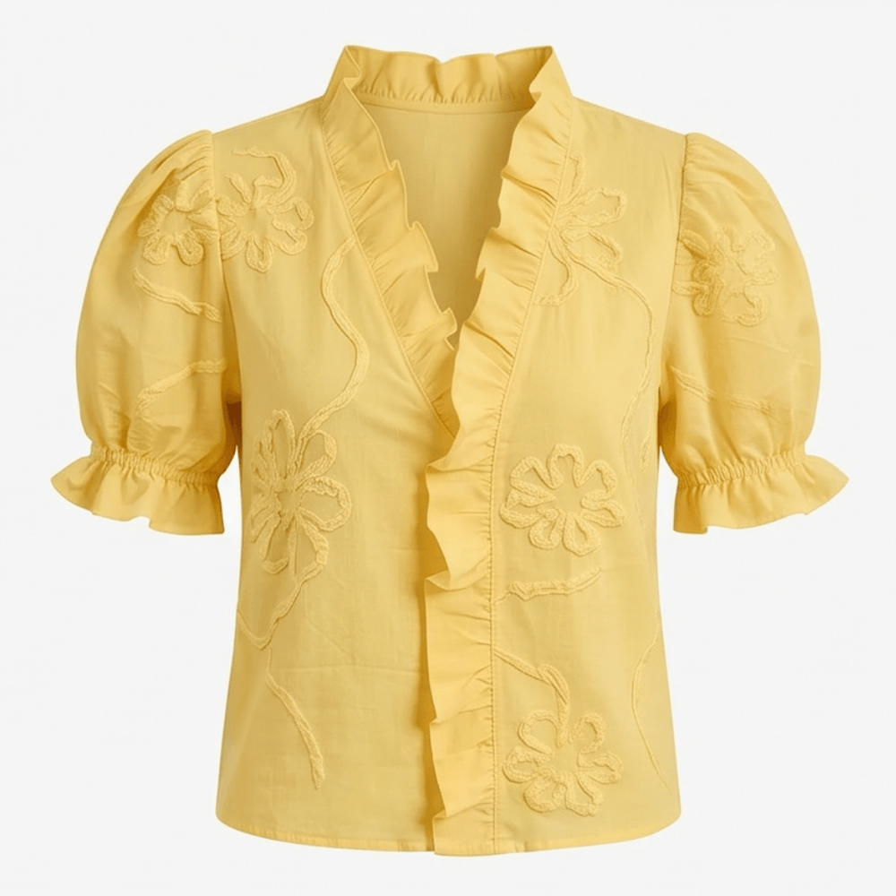 Embroidered Puff Sleeve Ruffled V-Neck Top for Women in Cotton