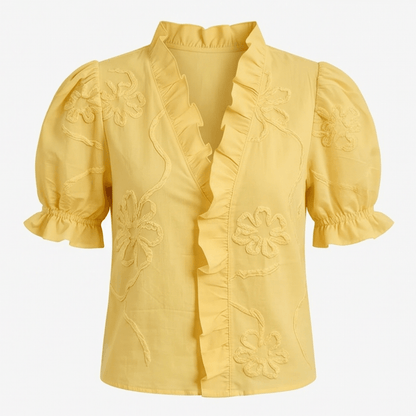 Embroidered Puff Sleeve Ruffled V-Neck Top for Women in Cotton