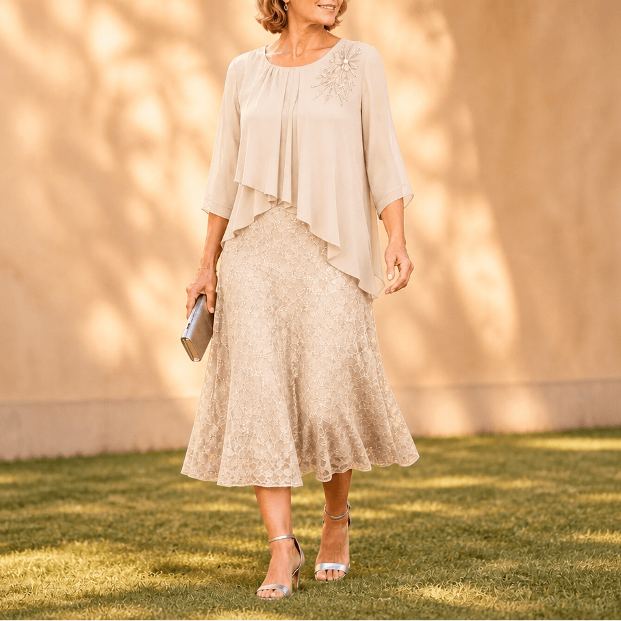 Elavine Layered Chiffon Lace Overlay Women's Midi Dress with Sheer Sleeves