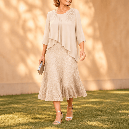 Elavine Layered Chiffon Lace Overlay Women's Midi Dress with Sheer Sleeves