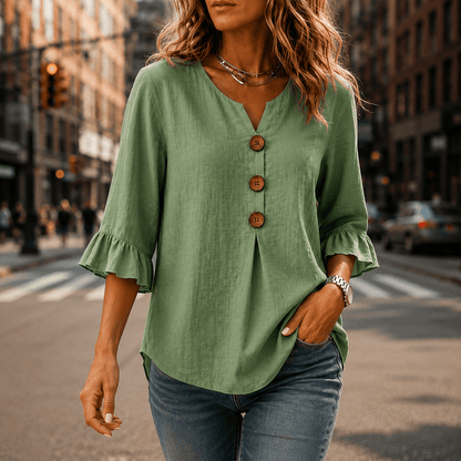 Laurelle V-Neck Ruffle Sleeve Blouse with Button Detail