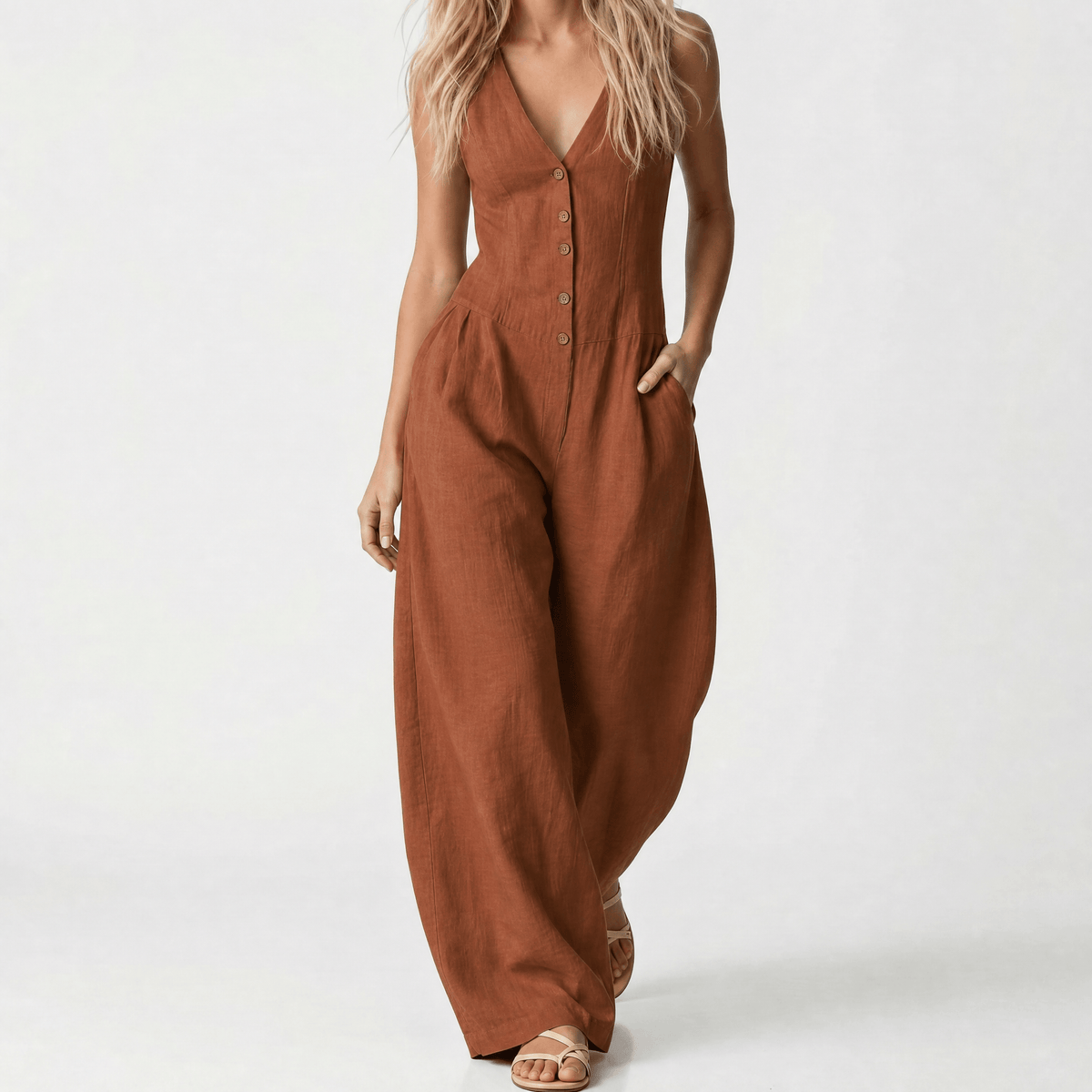 Lunavia Women's Button-Front Wide-Leg Jumpsuit with Pockets