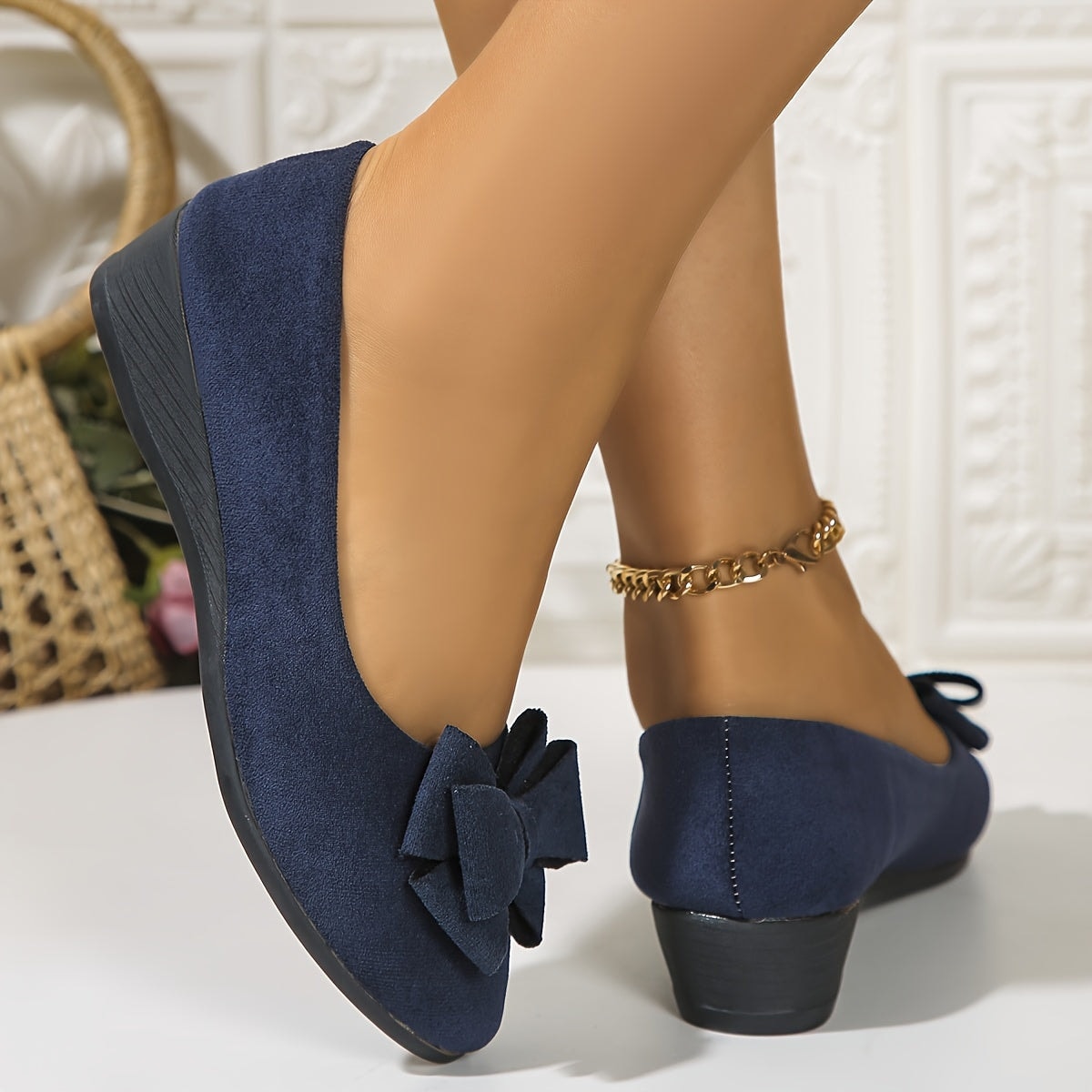 Maisie Faux Suede Slip-On Wedge Ballet Flats with Bow and Rounded Toe