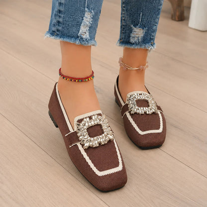 Crystal Buckle Square-Toe Knit Loafer Flats for Women