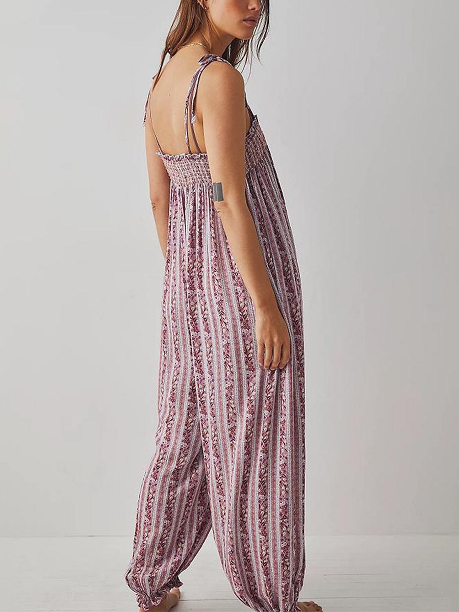 Women's Boho Harem Linen Jumpsuit with Tie-Shoulder Straps