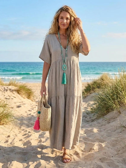 Women's Tiered Ruffle V-Neck Midi Dress with Short Sleeves in Polyester