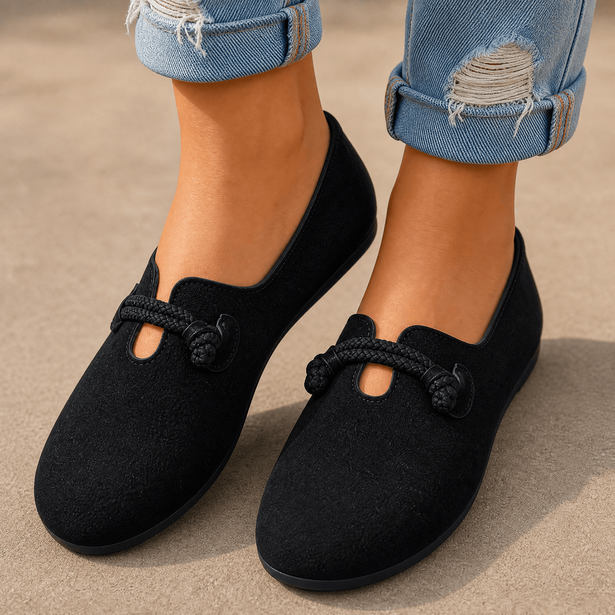 Sollea Suede Slip-On Flats with Cushioned Sole and Rope Bow
