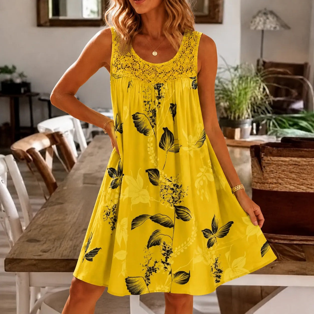 Women's Sleeveless Lace-Yoke A-Line Sundress with Sunburst Print