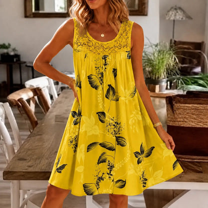 Women's Sleeveless Lace-Yoke A-Line Sundress with Sunburst Print