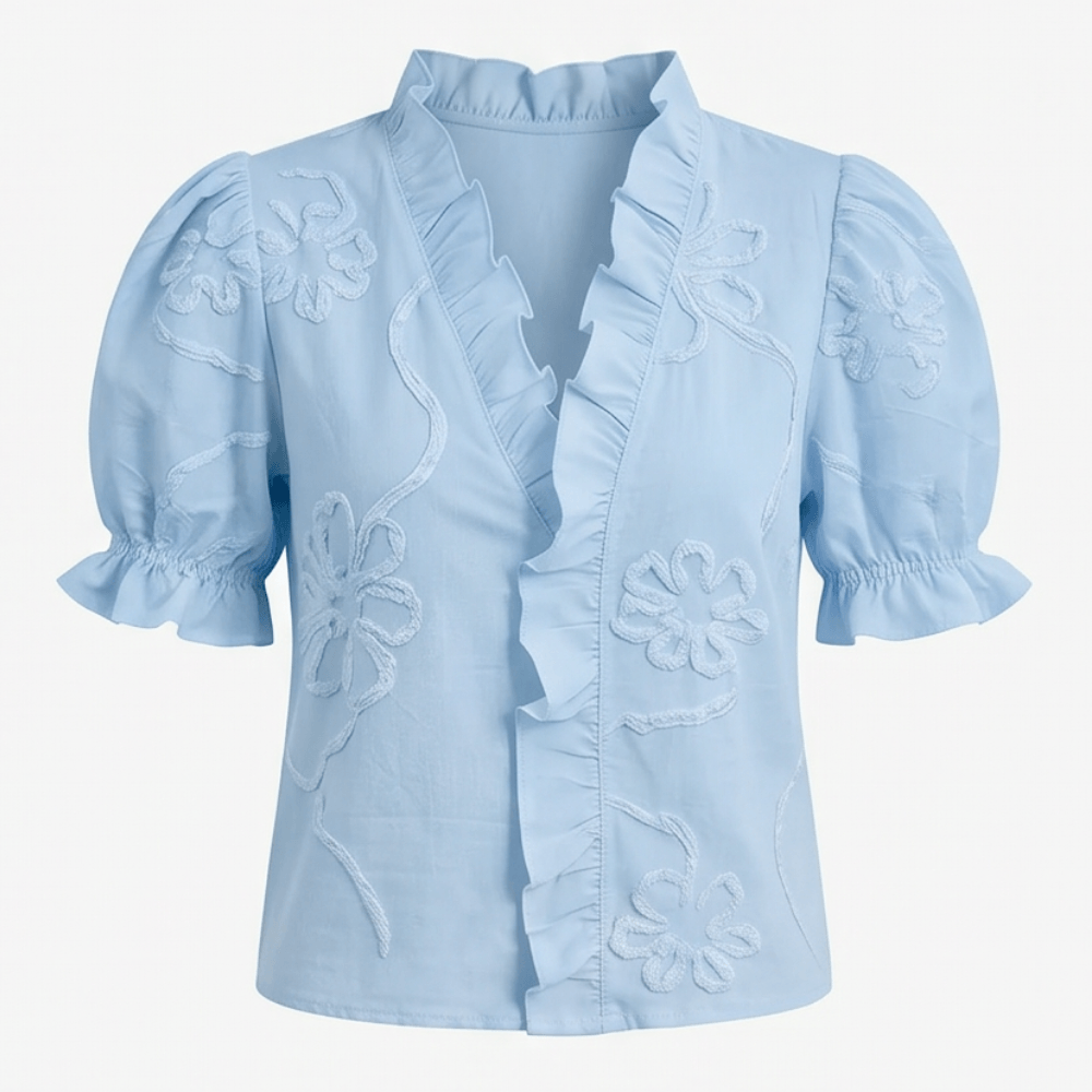 Embroidered Puff Sleeve Ruffled V-Neck Top for Women in Cotton