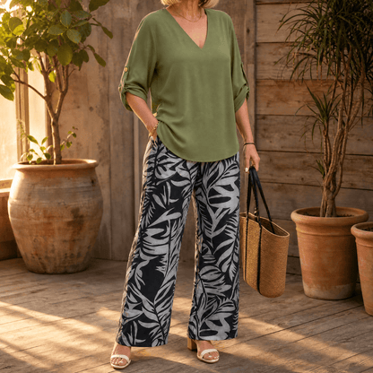 V-Neck Top and Leaf-Print Wide-Leg Two-Piece Set for Women