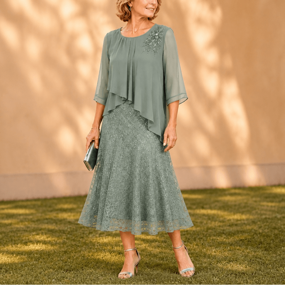 Elavine Layered Chiffon Lace Overlay Women's Midi Dress with Sheer Sleeves
