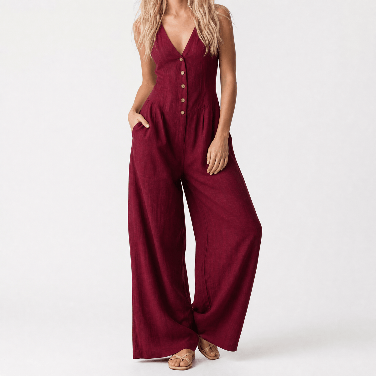 Lunavia Women's Button-Front Wide-Leg Jumpsuit with Pockets