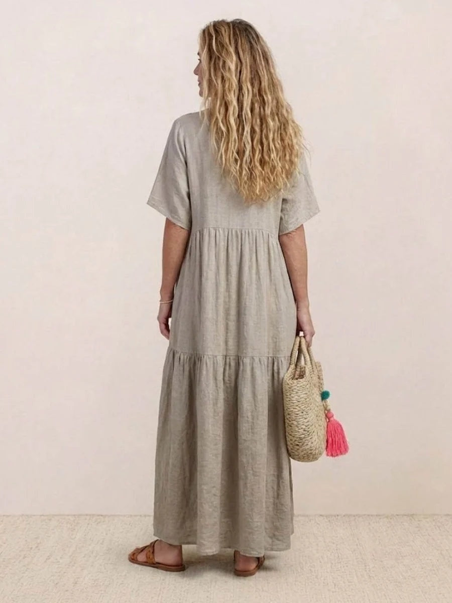 Women's Tiered Ruffle V-Neck Midi Dress with Short Sleeves in Polyester