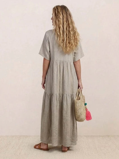 Women's Tiered Ruffle V-Neck Midi Dress with Short Sleeves in Polyester