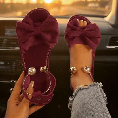 Lunabow Women's Cushioned Flat Sandals with Bow and Pearl Ankle Cuff