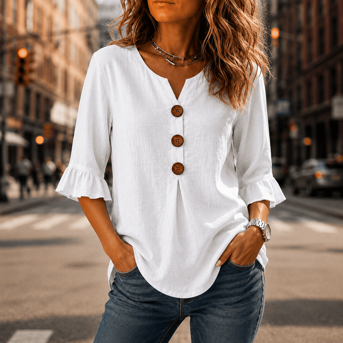 Laurelle V-Neck Ruffle Sleeve Blouse with Button Detail