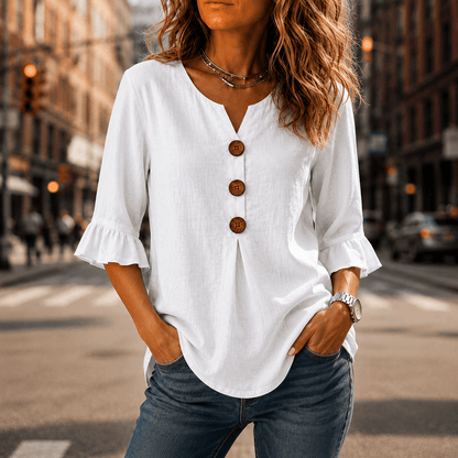 Laurelle V-Neck Ruffle Sleeve Blouse with Button Detail