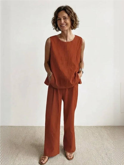 Sage Matching Linen Sleeveless Top and Wide-Leg Pants Two-Piece Set