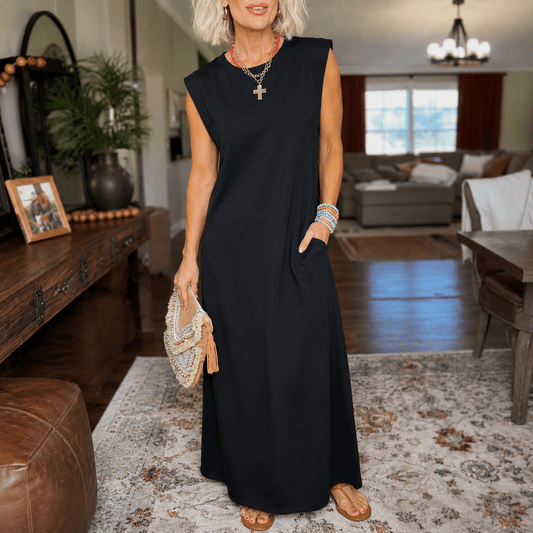 Marella Sleeveless Wrinkle-Free Split-Hem Summer Midi Dress with Pockets