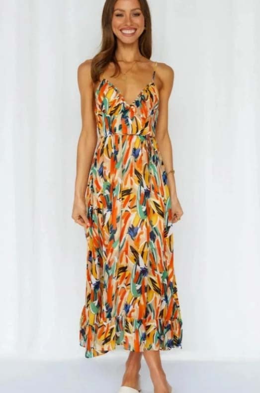 Sara Woven Midi Summer Dress with Abstract Floral Print and Tie Waist