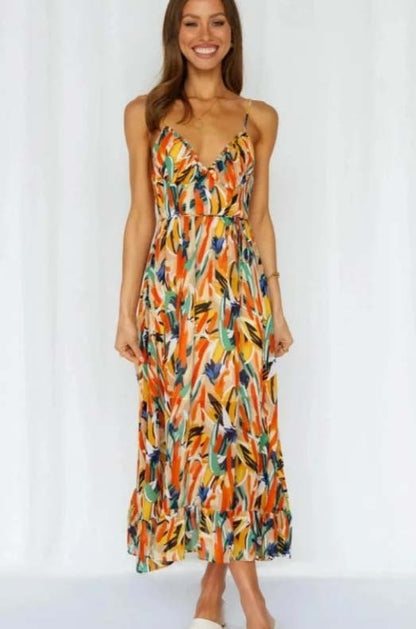 Sara Woven Midi Summer Dress with Abstract Floral Print and Tie Waist