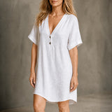 Soléne Oversized V-Neck Linen-Look Summer Dress with Half Sleeves and Button Placket