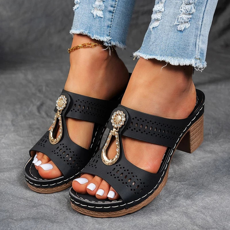 Eliza Winters Rhinestone Flower Cushioned Wedge Sandals