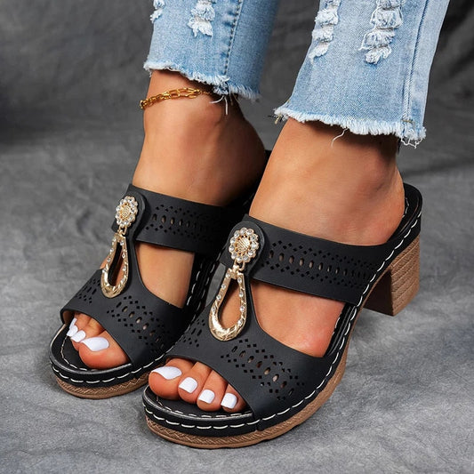 Eliza Winters Rhinestone Flower Cushioned Wedge Sandals