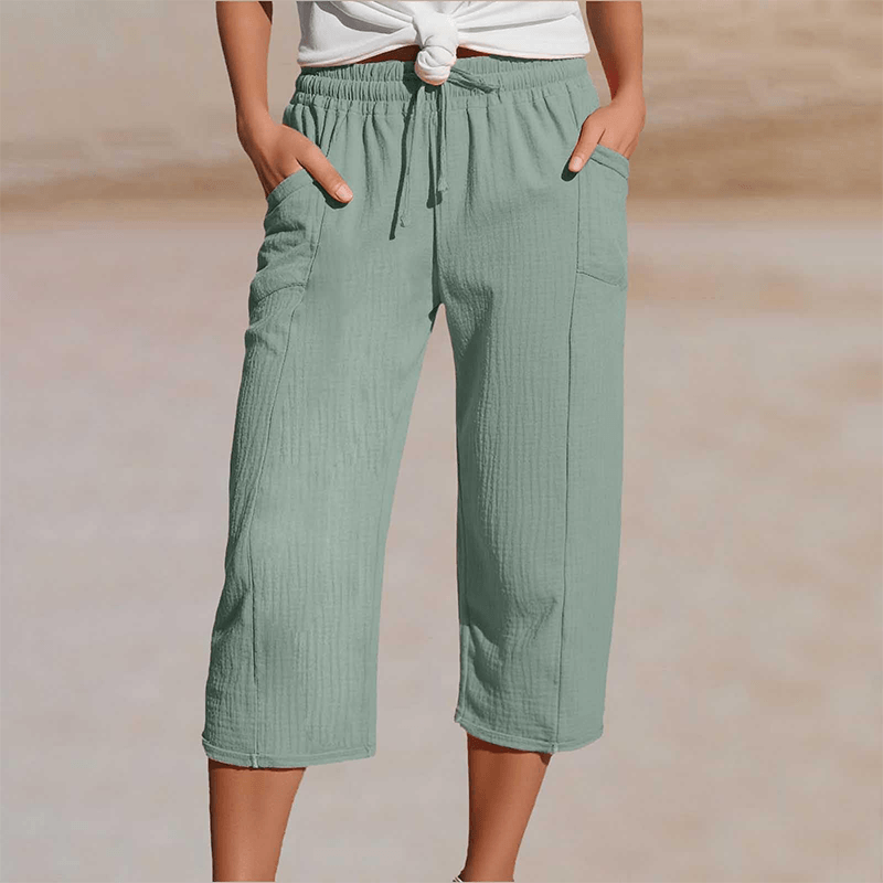 Women's Cotton Linen Cropped Wide-Leg Pants with Drawstring Waist