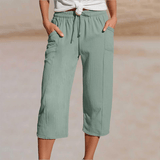Women's Cotton Linen Cropped Wide-Leg Pants with Drawstring Waist