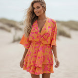 Women's Boho Floral Mini Dress with V-Neck Half Sleeves and Layered Ruffle Hem
