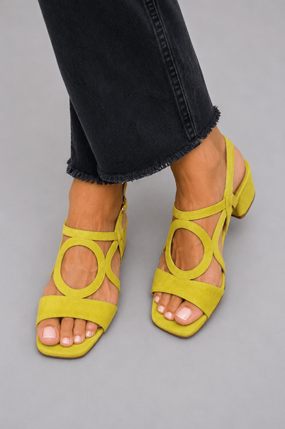 Women's Cushioned Suede Block Heel Sandals with Round Cutout Detail