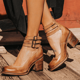 Women's Ankle Boots with Block Heel and Buckle Straps