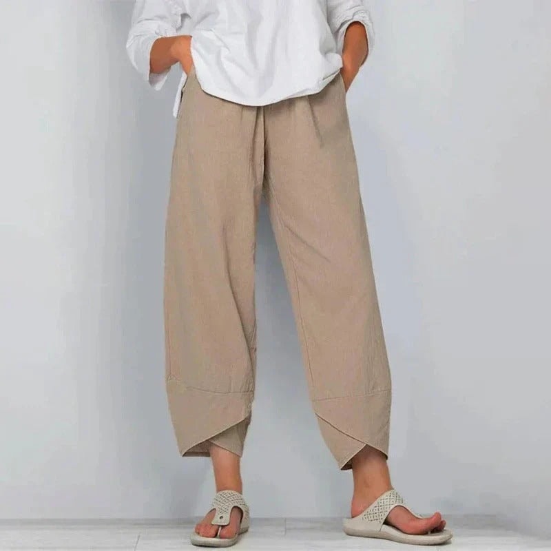 Women's Wide-Leg Cropped Linen-Blend Gaucho Pants with Elastic Waist