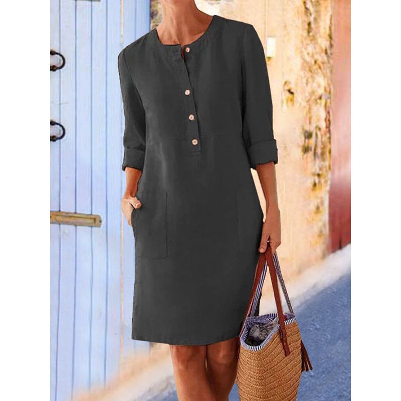 Jolie Button Placket Women's Midi Dress with Roll-Cuff Sleeves
