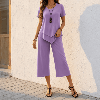 Matching Two-Piece Co-Ord Set with Asymmetric Layered Tunic and Wide-Leg Cropped Pants