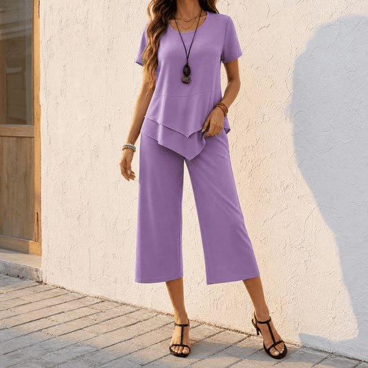 Matching Two-Piece Co-Ord Set with Asymmetric Layered Tunic and Wide-Leg Cropped Pants