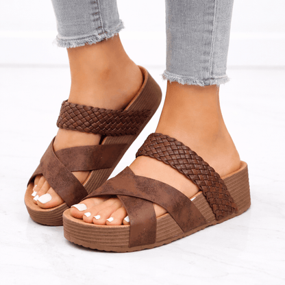 Women's Cushioned Wedge Slide Sandals with Braided Cross Straps