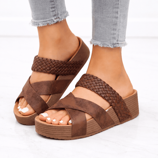 Women's Cushioned Wedge Slide Sandals with Braided Cross Straps
