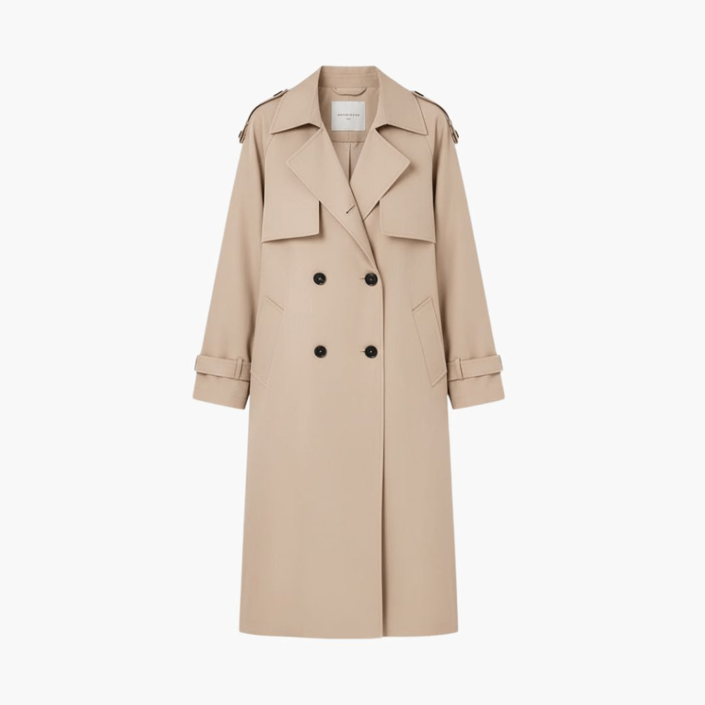 Double-Breasted Trench Coat with Adjustable Cuffs and Belted Waist