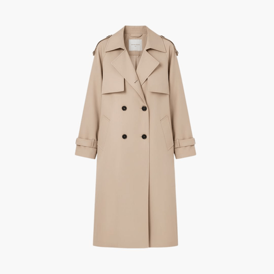 Double-Breasted Trench Coat with Adjustable Cuffs and Belted Waist